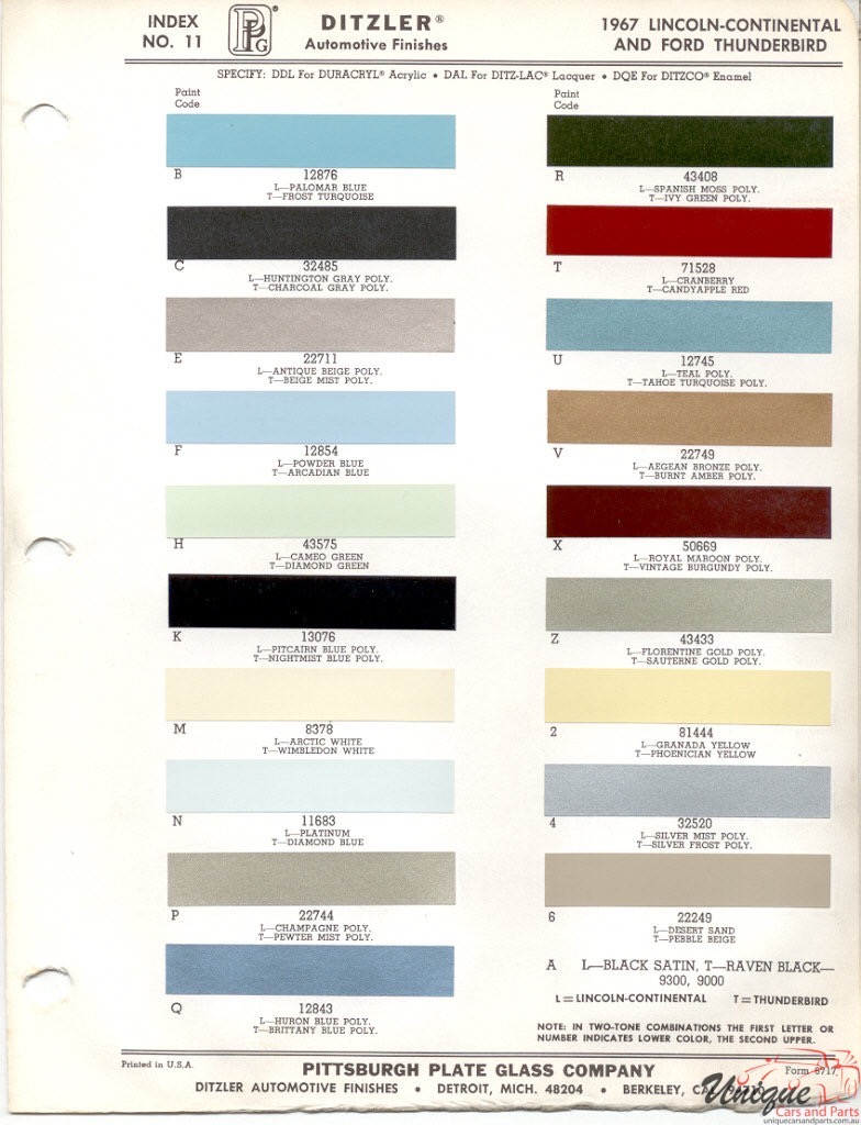 1967 Lincoln Paint Charts Thunderbrd PPG